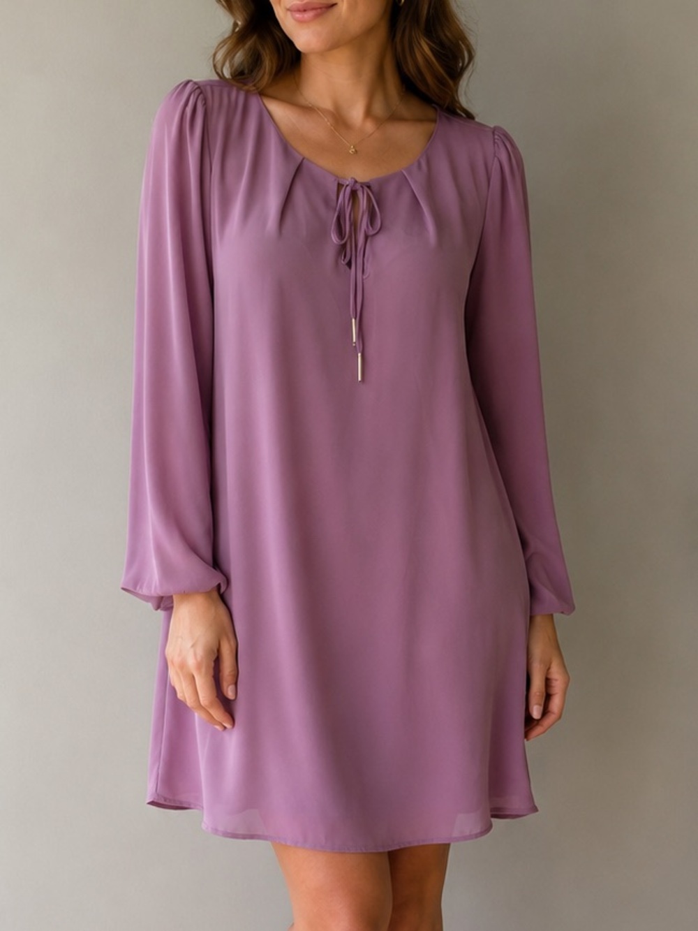 Collection by Bobeau Mauve Shift Dress Medium Long Sleeve Tie Neck